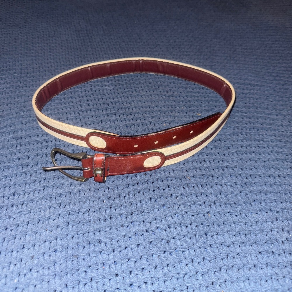 Etienne Aigner Vintage Canvas Leather Belt Burgundy Cream Logo Size 30